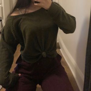 olive green ribbed top, tied in the front